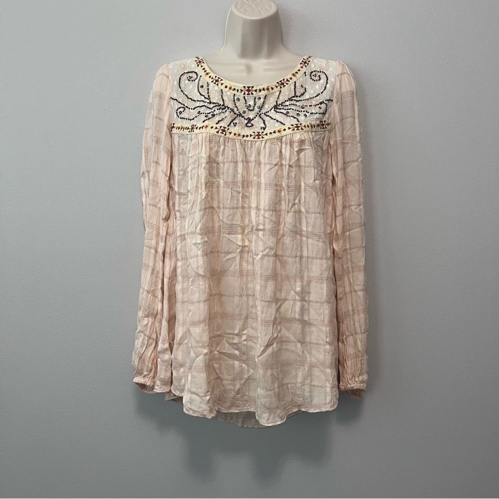 Free People Boho Beaded Long Sleeve Blouse Size S